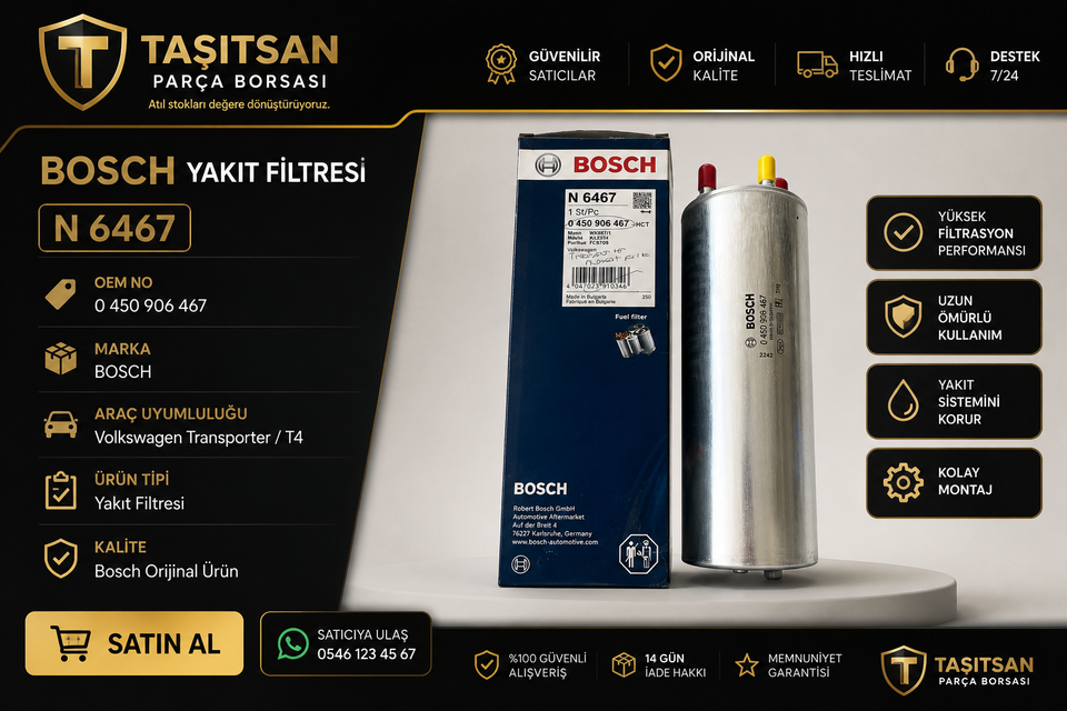 0450906467 BOSCH 0450906467 YAKIT FİLTRESİ (MAZOT) TRANSPORTER T5 T6 1.9 / 2.0TDI / BITDI TOUAREG 2.5TDI AXB AXC AXD AXE BAC BLJ BL — VOLKSWAGEN OEM Parça